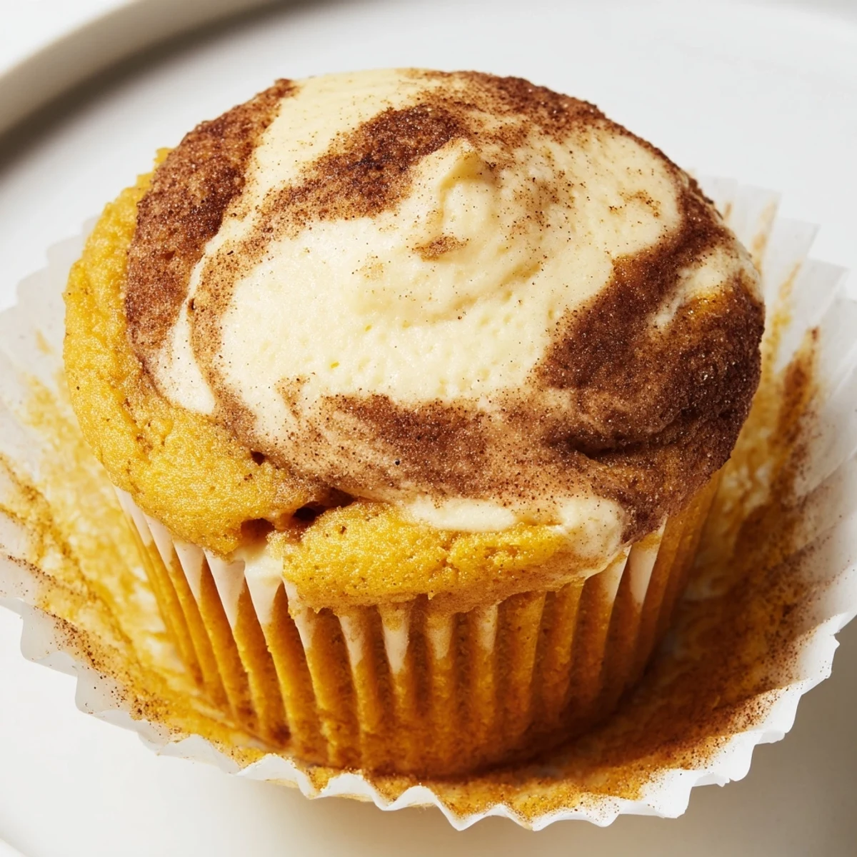 Warm chai pumpkin cheesecake muffins topped with a creamy swirled center