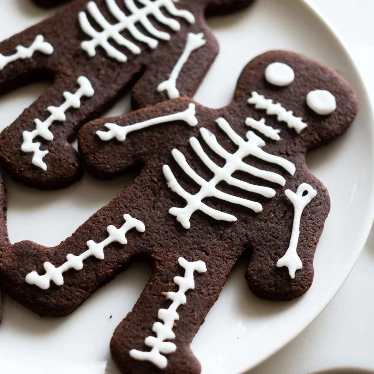 Crispy chocolate cinnamon skeleton cookies with white icing bones on a parchment-lined baking sheet