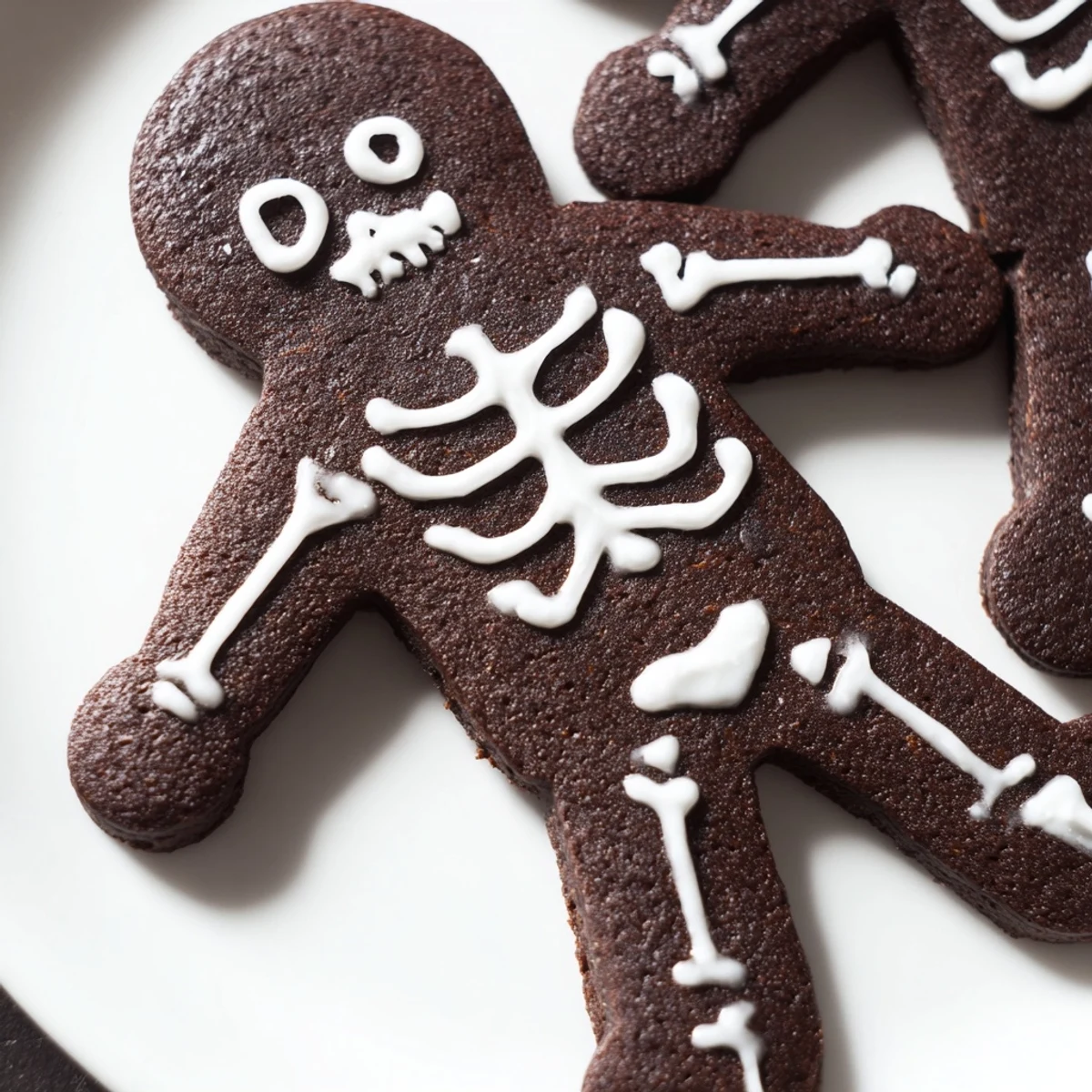 Dark cocoa chocolate cinnamon skeleton cookies decorated with intricate royal icing bone patterns