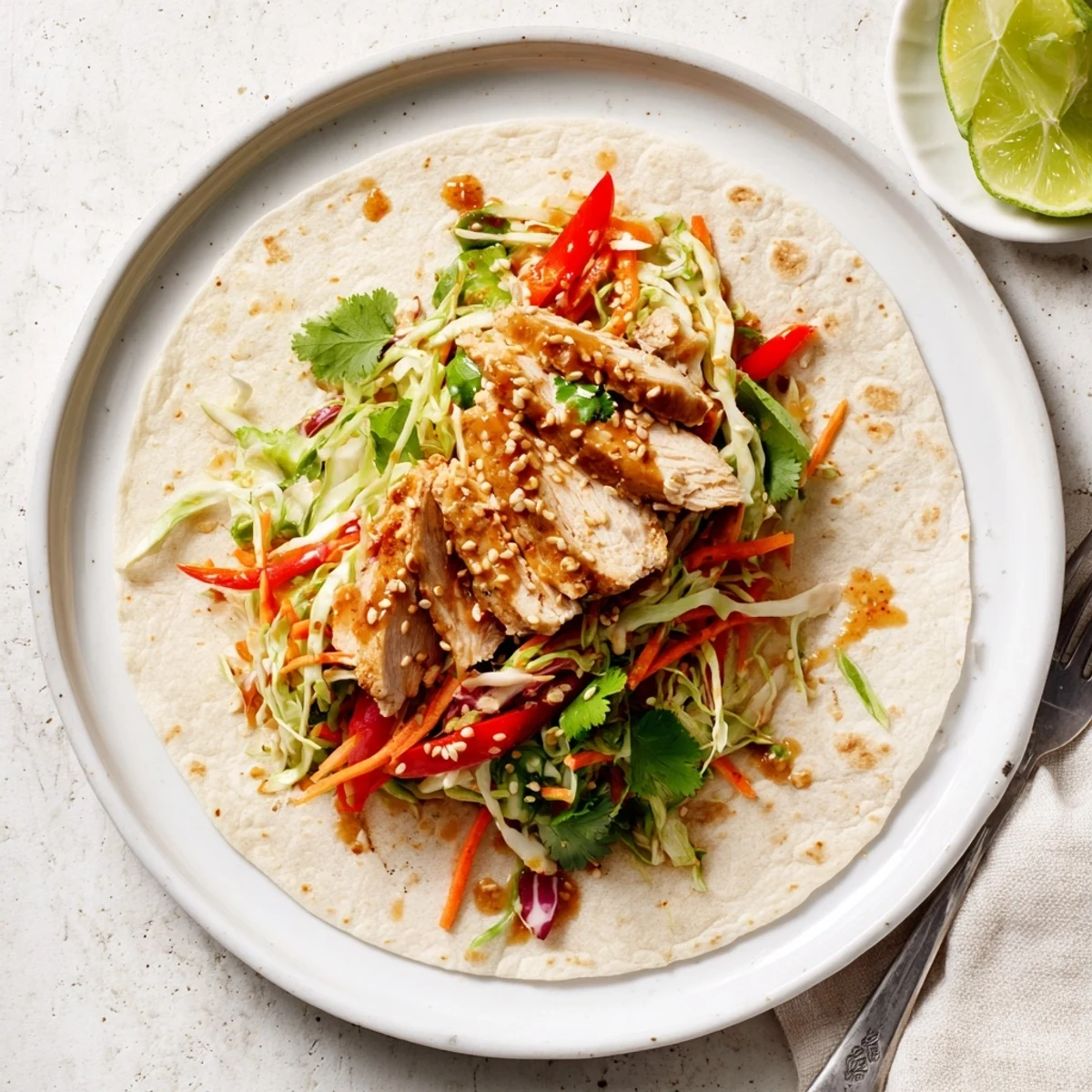 Juicy sliced chicken and crunchy Asian slaw folded in a warm flour tortilla for Thai chicken wraps