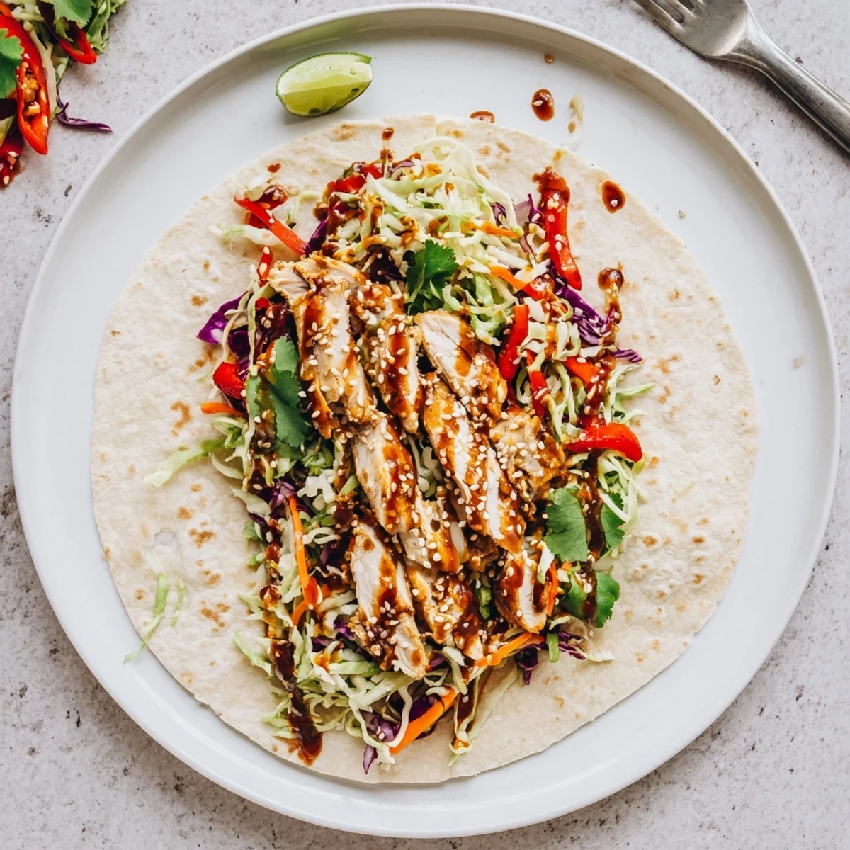 Golden grilled chicken strips atop colorful cabbage slaw inside soft wraps make these Thai chicken wraps irresistible