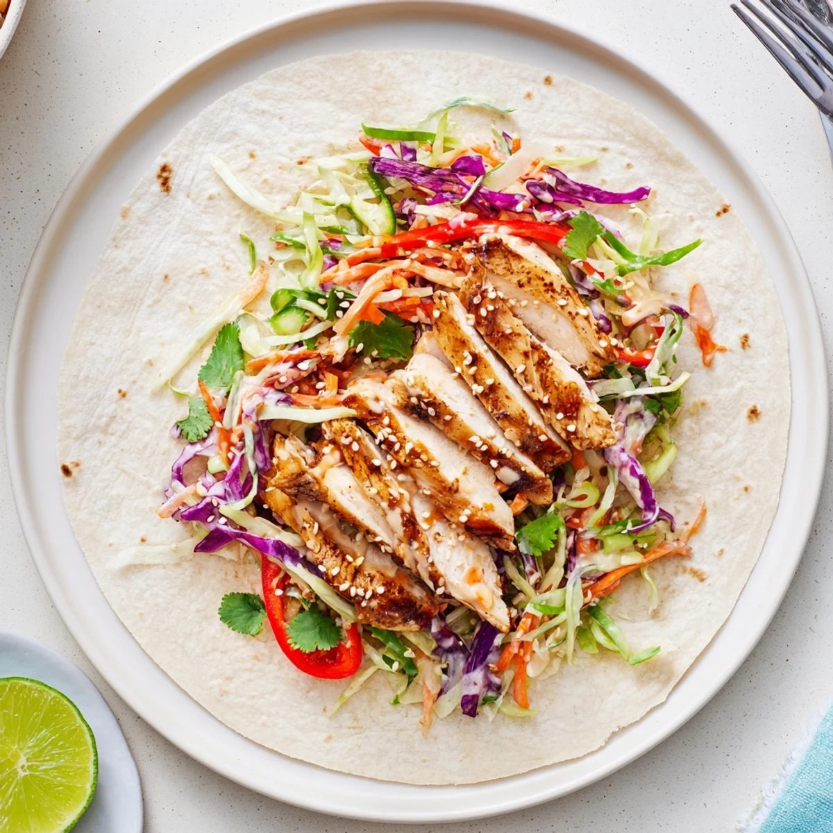 Savory marinated chicken and tangy slaw wrapped tight, ready-to-eat Thai chicken wraps with lime wedges