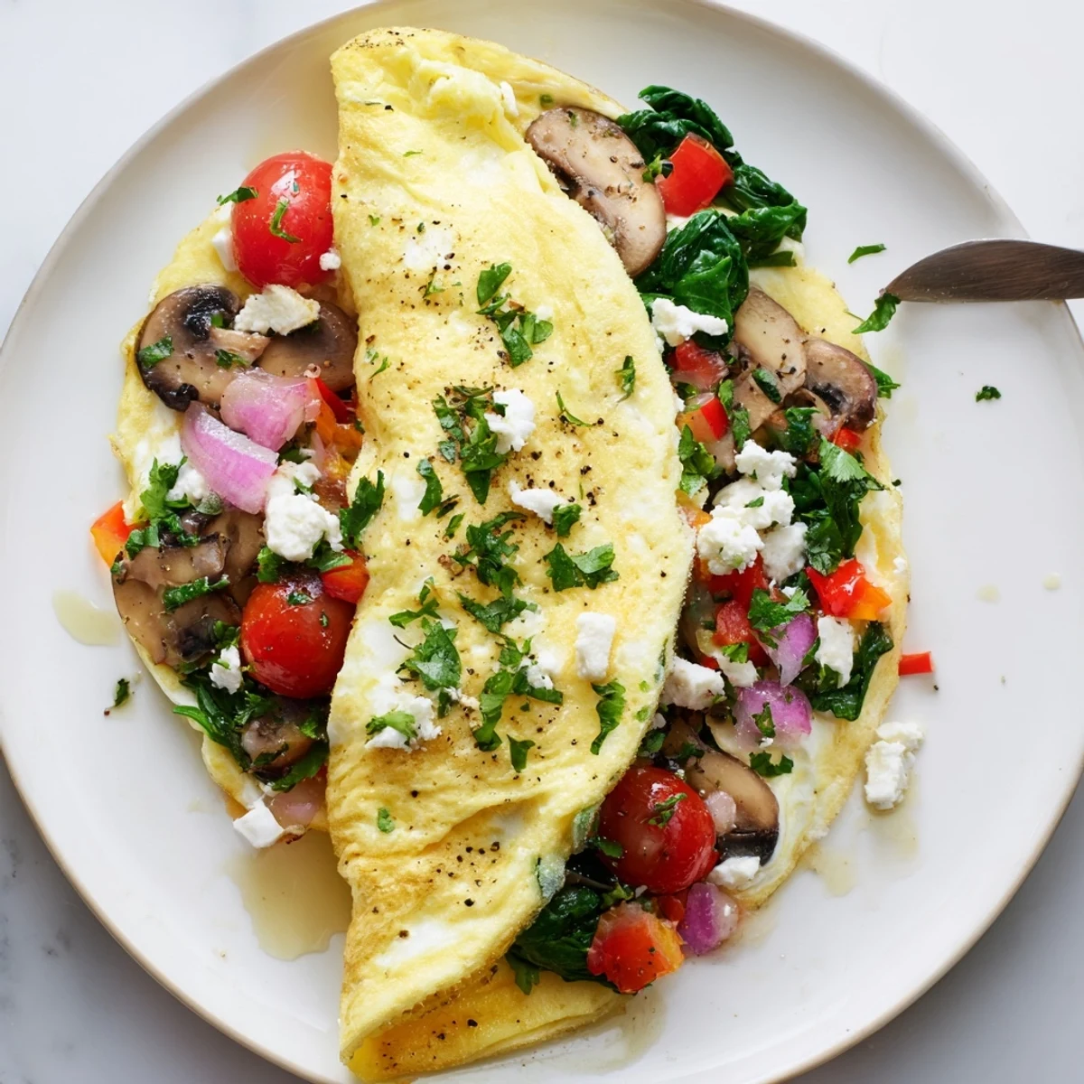Plate of Egg White Omelette with Vegetables folded, feta sprinkled, parsley garnish
