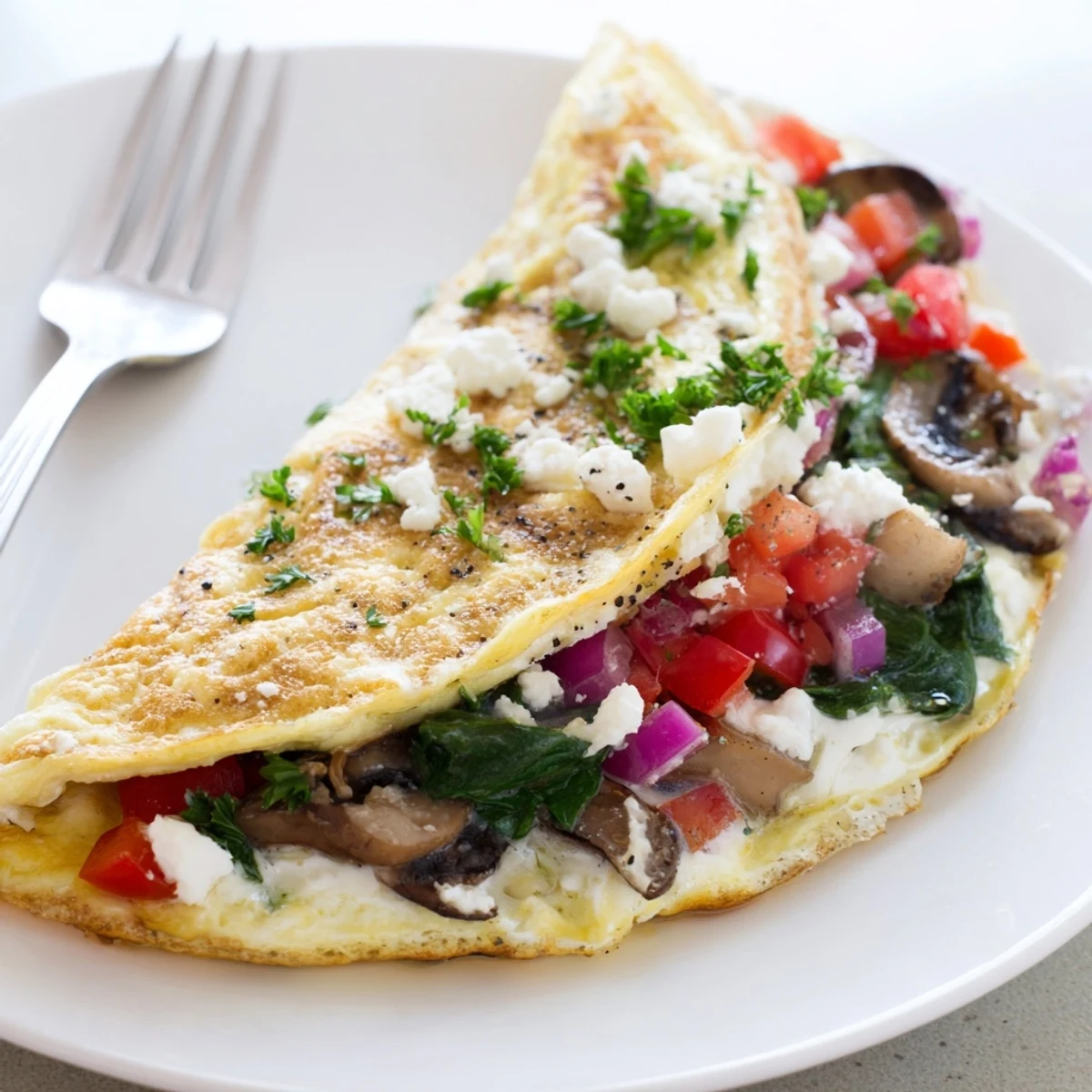 Egg White Omelette with Vegetables sizzling in skillet, fluffy whites and sauteed peppers