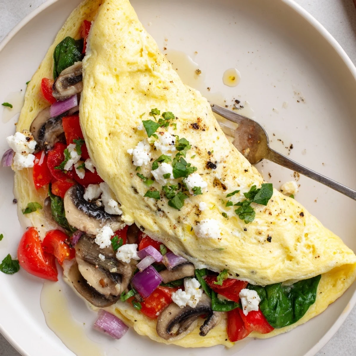 Creamy spinach and tomato-studded Egg White Omelette with Vegetables ready to serve