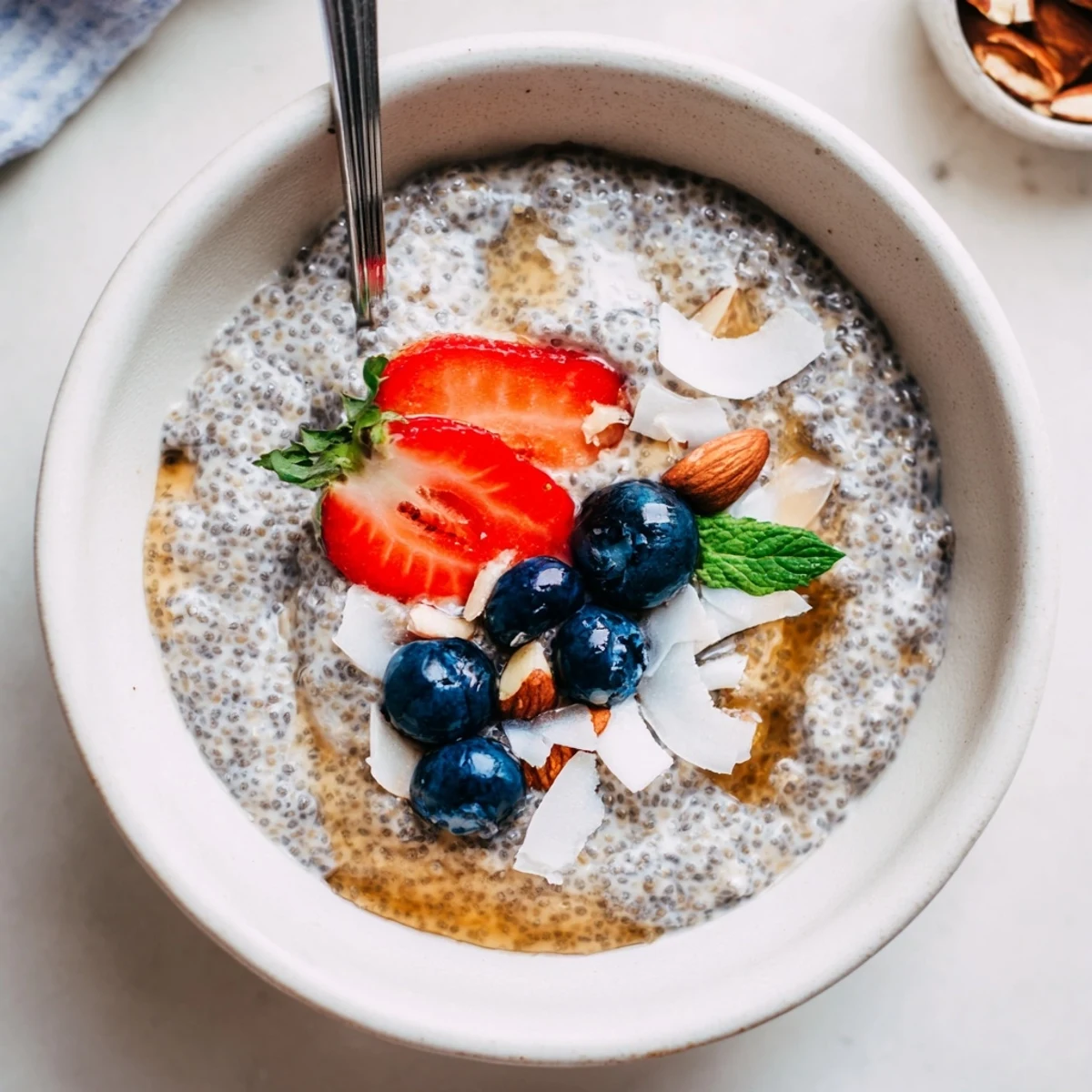 Chia Seed Pudding topped with fresh berries and mint, creamy chilled breakfast.