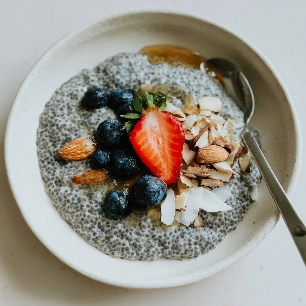 Glass jars of Chia Seed Pudding garnished with toasted nuts and coconut.