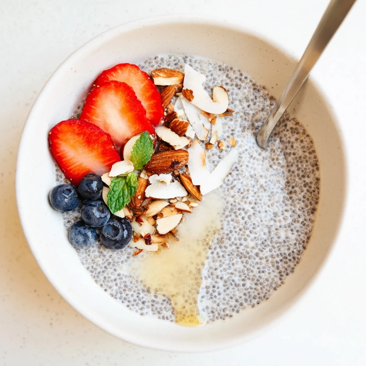 Velvety Chia Seed Pudding spoonful showing tapioca-like texture with maple syrup.
