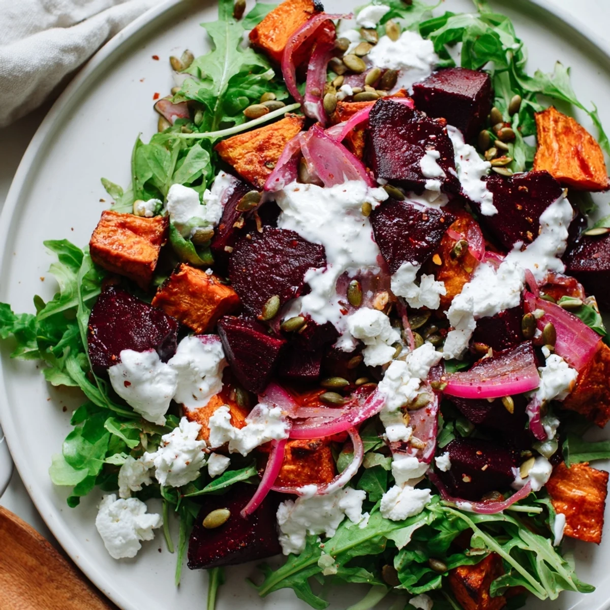 Creamy Roasted Beet Salad With Sweet Potato Feta drizzled with tangy lemon yogurt dressing
