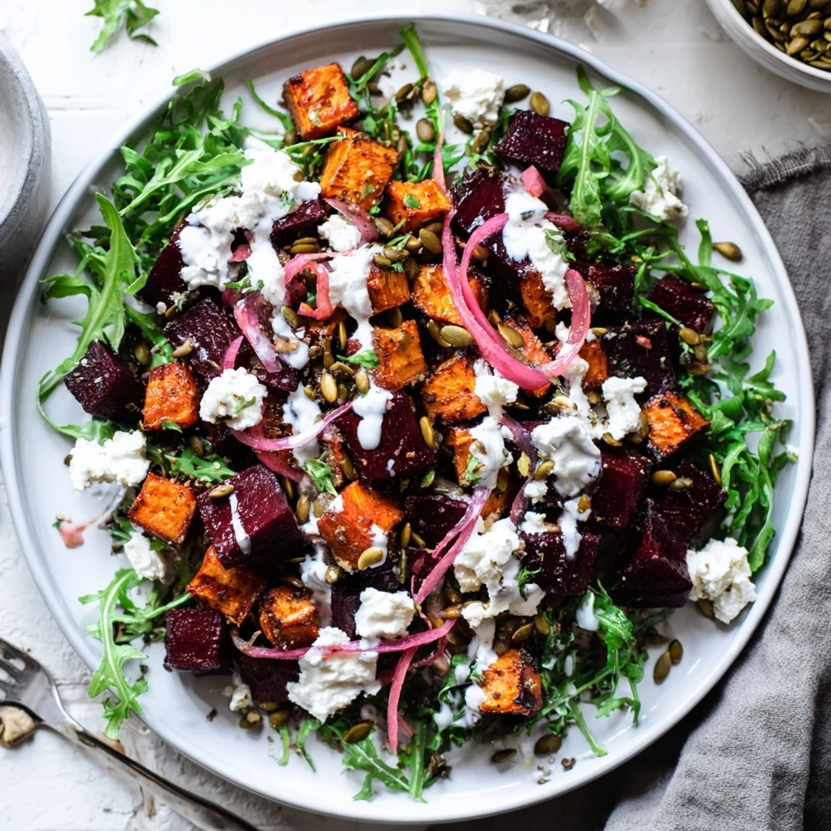 Roasted beets, caramelized sweet potatoes in Creamy Roasted Beet Salad With Sweet Potato Feta