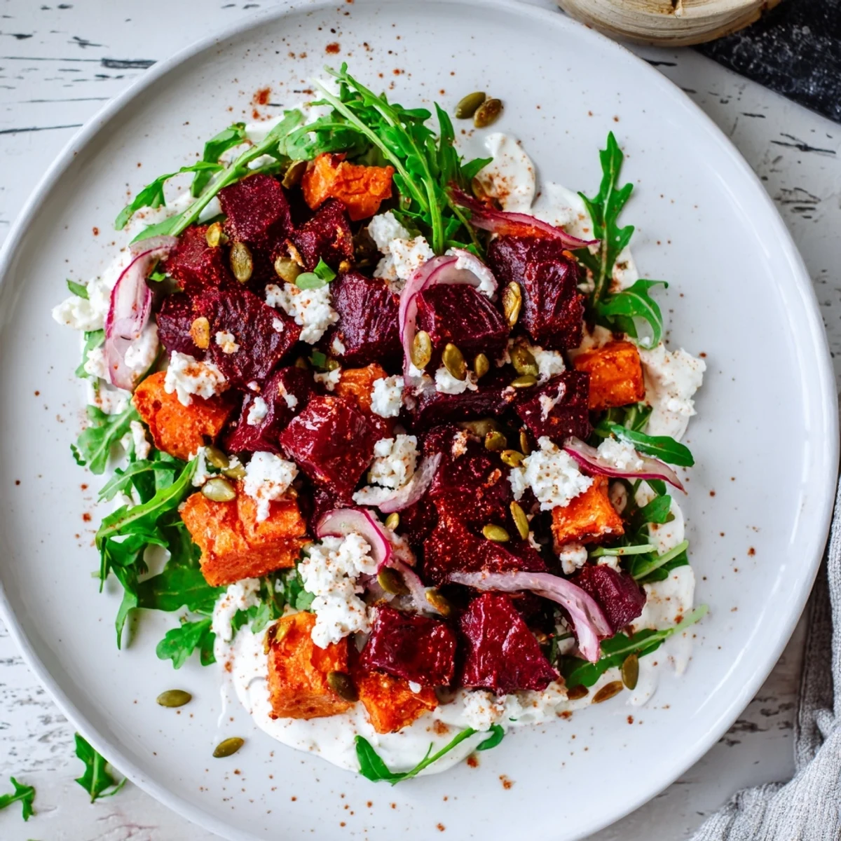 On arugula, Creamy Roasted Beet Salad With Sweet Potato Feta topped with toasted seeds