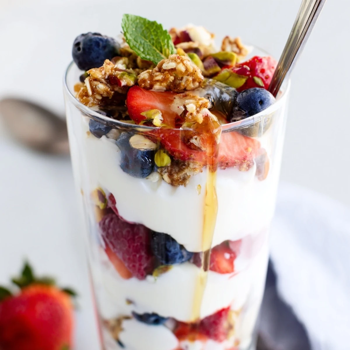 Greek Yogurt Parfait layered with creamy, tangy yogurt, bright berries, crunchy granola