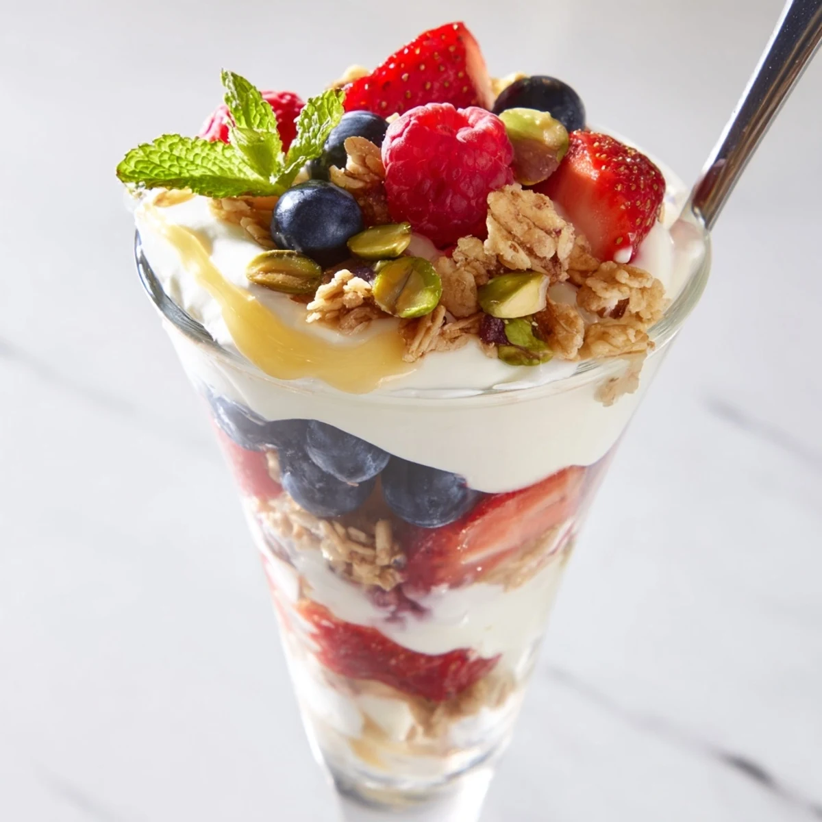 Greek Yogurt Parfait in mason jars, honey drizzle, mint and chopped nuts