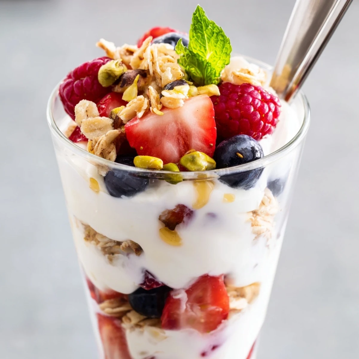 Greek Yogurt Parfait served chilled for breakfast, tangy yogurt and sweet berries