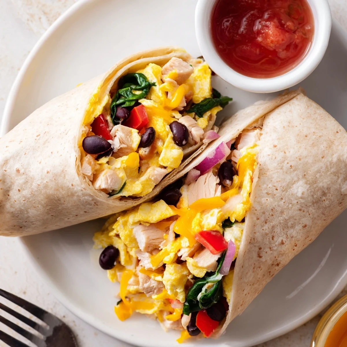 Warm Protein Breakfast Burrito sliced in half shows fluffy eggs and spinach