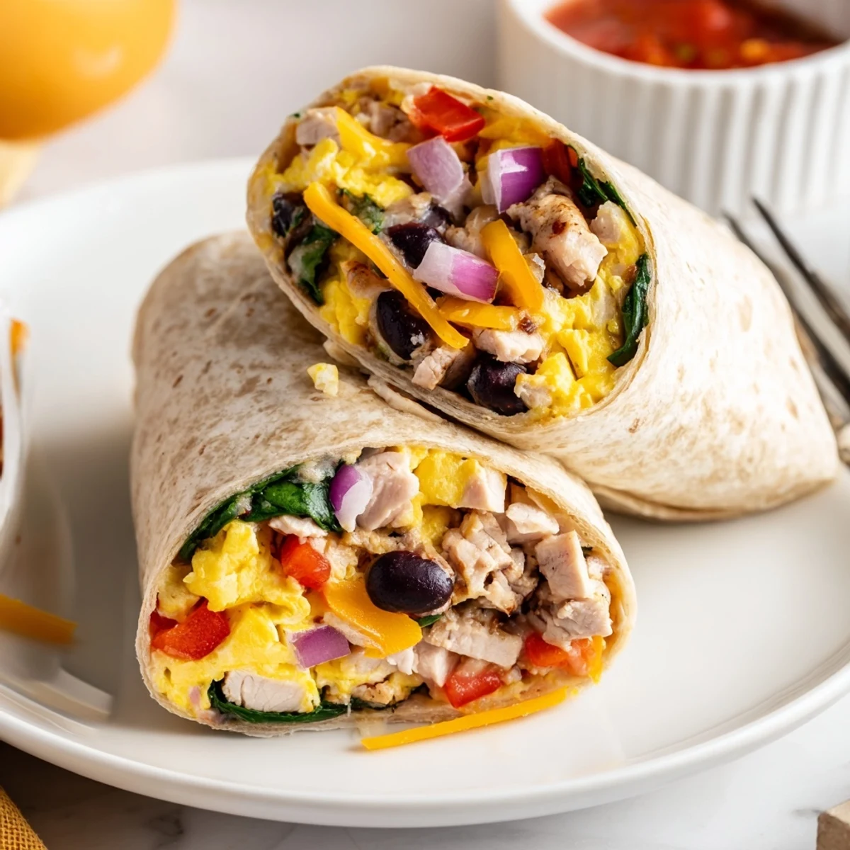 Protein Breakfast Burrito with melty cheddar, turkey, and sautéed peppers, served with salsa