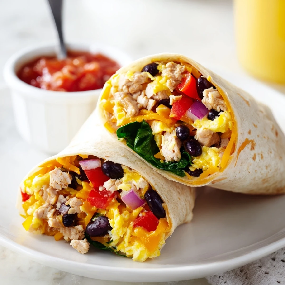 Handheld Protein Breakfast Burrito wrapped in whole wheat, steaming, perfect roadside breakfast