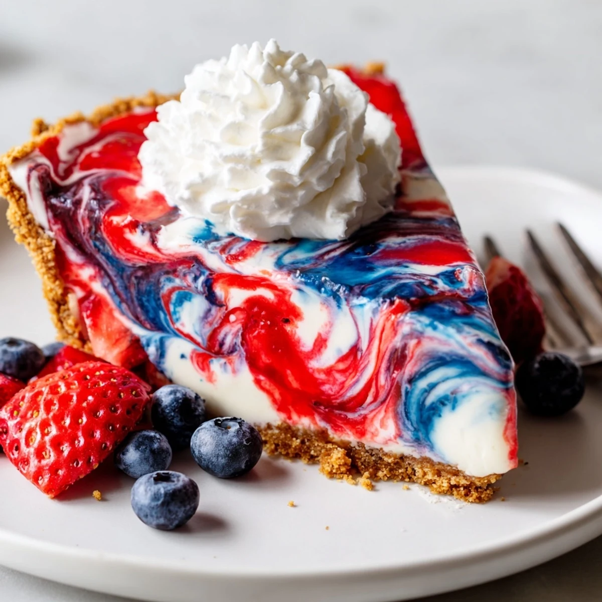 Patriotic Red White And Blue Swirl Pie with glossy red and blue marbling