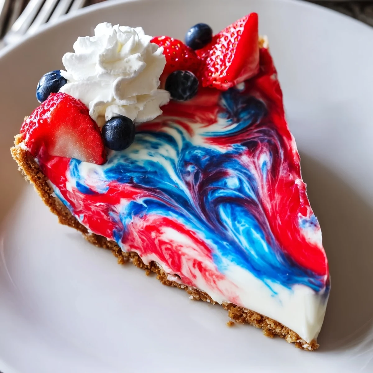 Creamy slice of Patriotic Red White And Blue Swirl Pie on graham crust