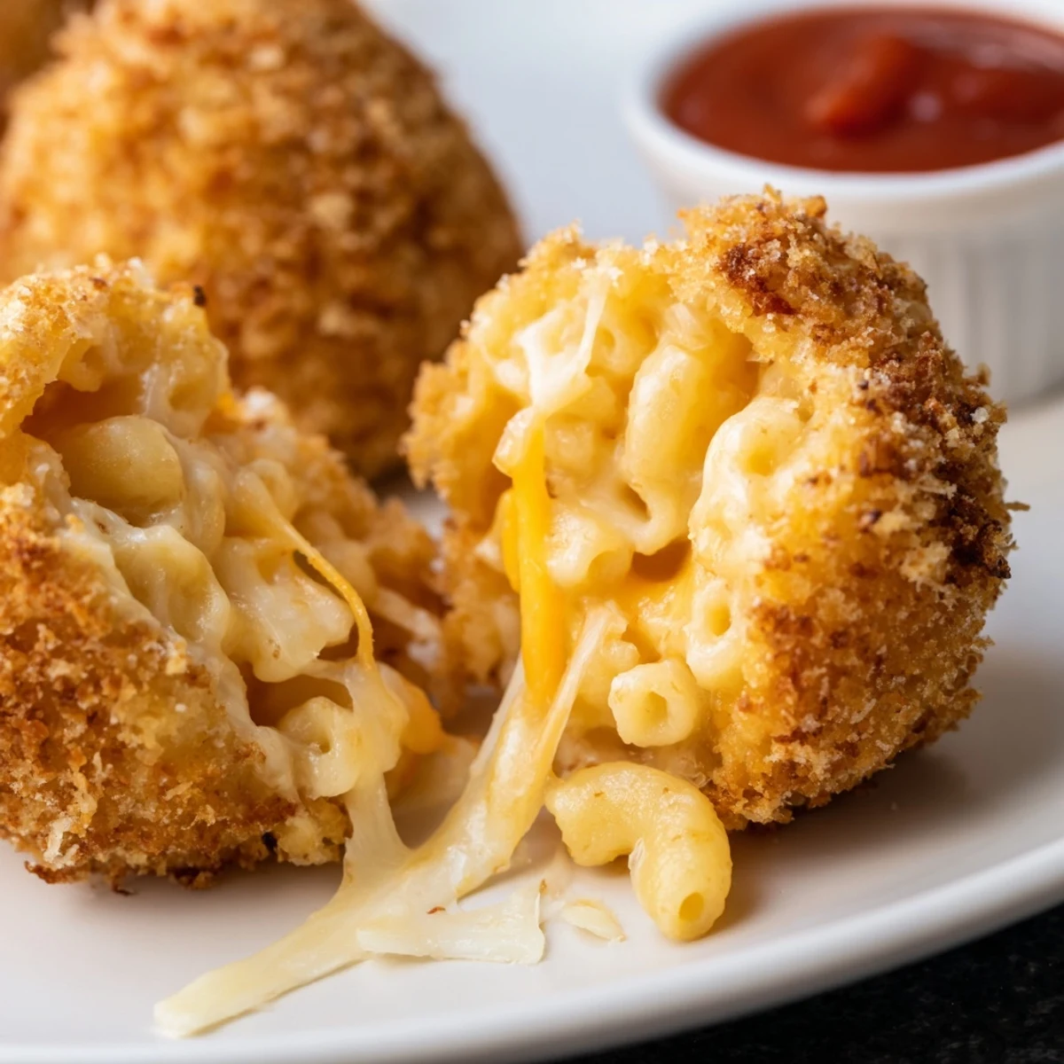 Crispy golden Fried Mac And Cheese Bites, creamy centers and marinara dip