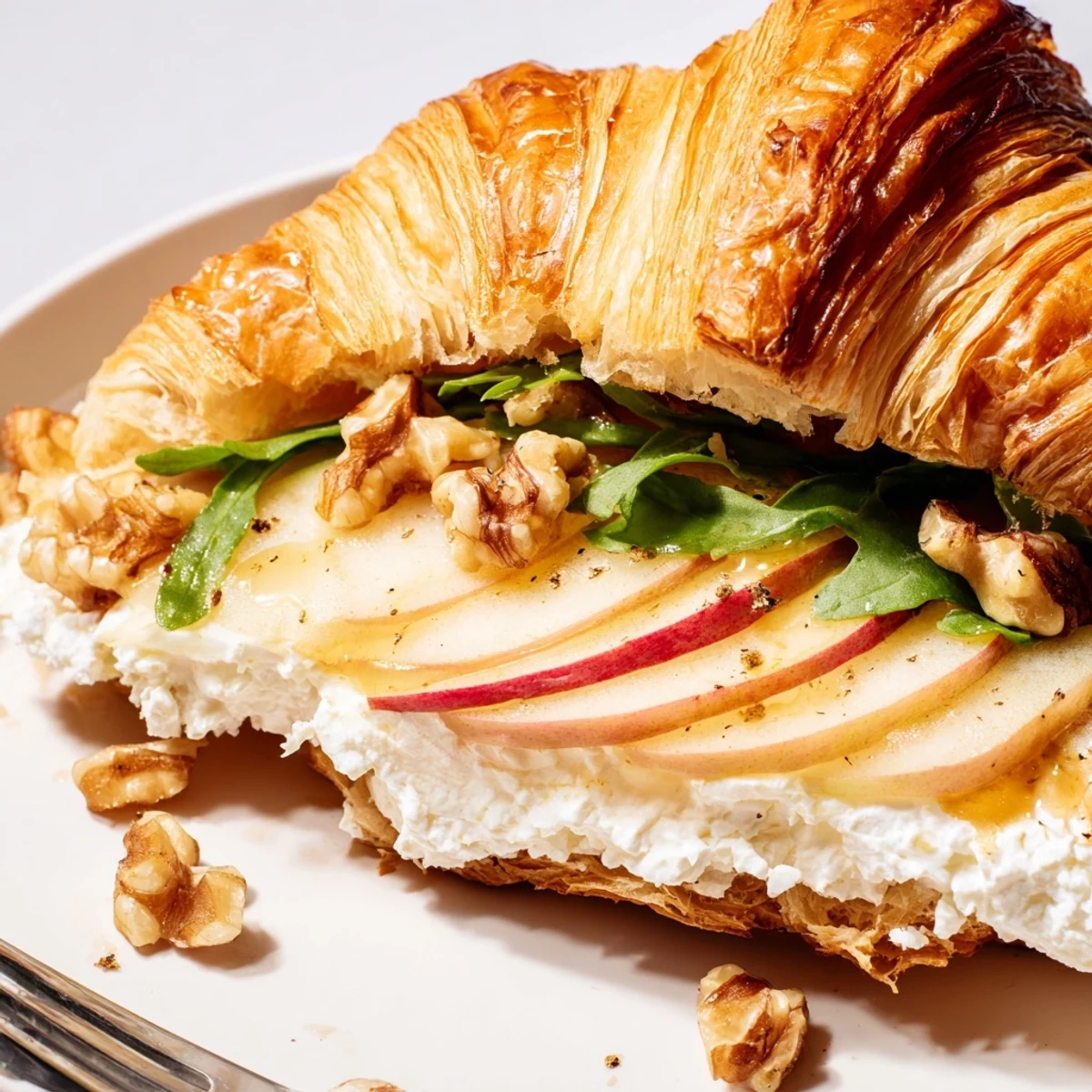 Croissant filled with creamy goat cheese and crisp apple, Apple Goat Cheese Croissant Sandwich