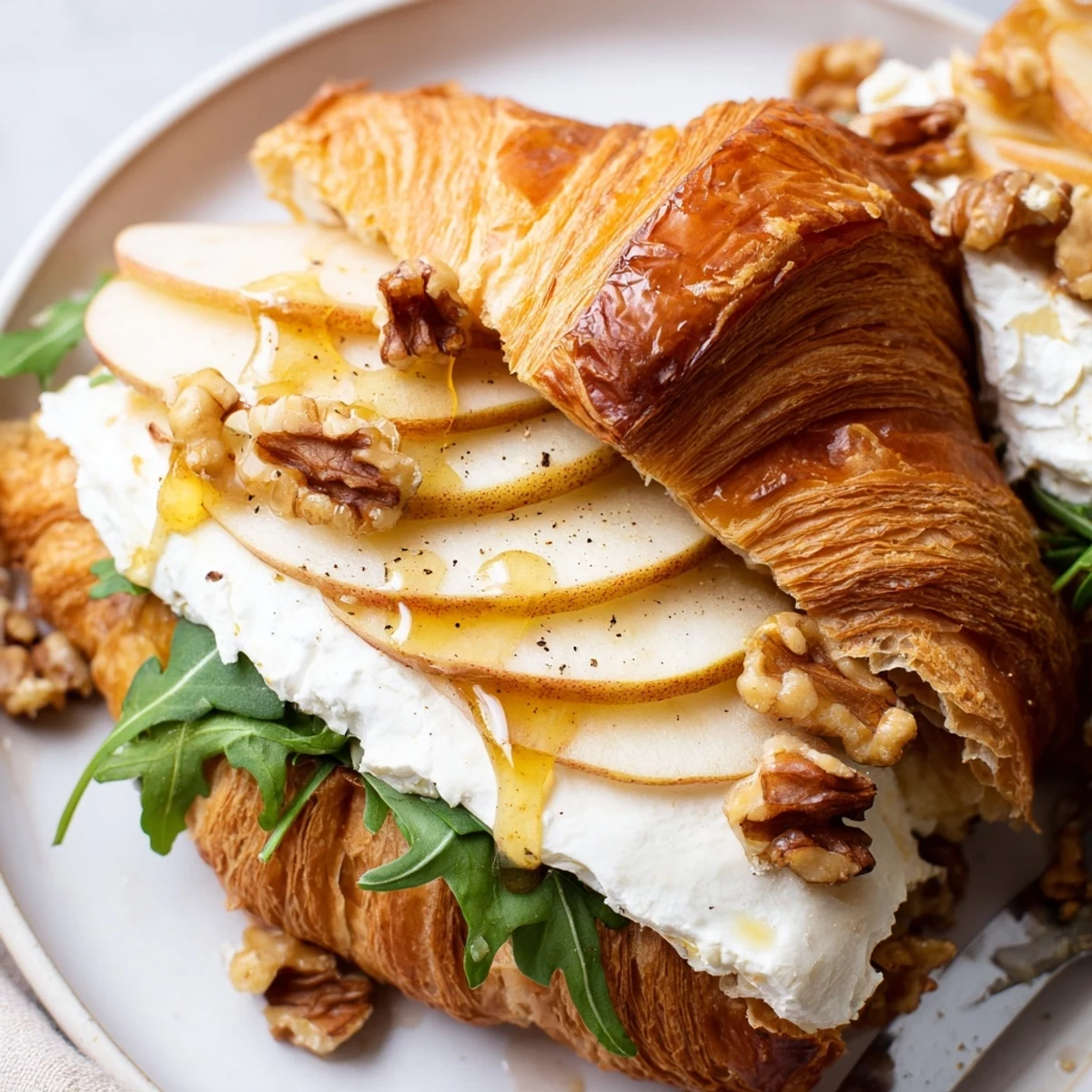 Apple Goat Cheese Croissant Sandwich drizzled with honey, arugula, and crunchy chopped walnuts
