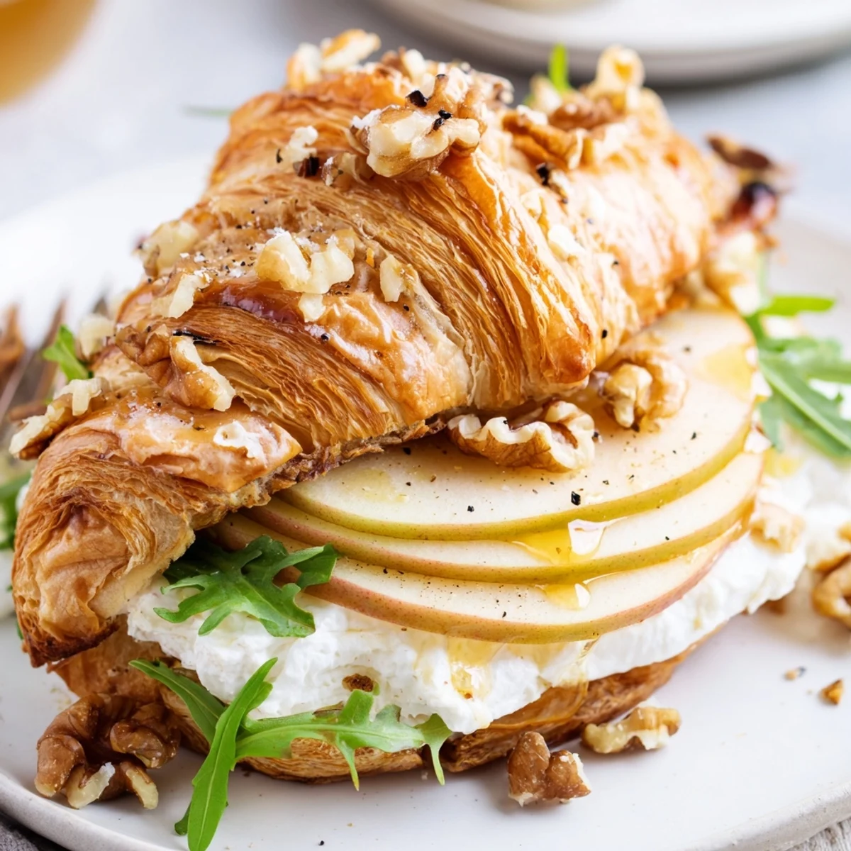 Warm Apple Goat Cheese Croissant Sandwich sliced, honey-drizzled apple and cracked pepper
