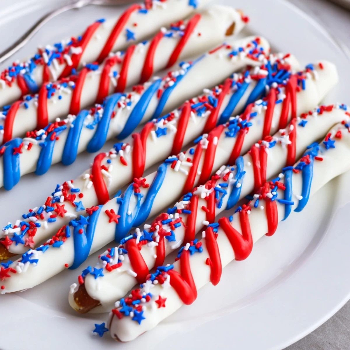 Patriotic Pretzel Rods dipped in creamy white chocolate, drizzled with red and blue