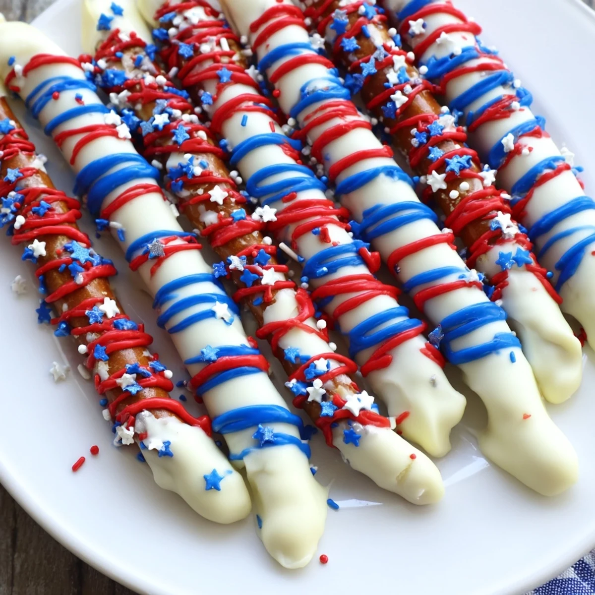 Crunchy Patriotic Pretzel Rods stacked on a picnic platter, sprinkled with festive nonpareils