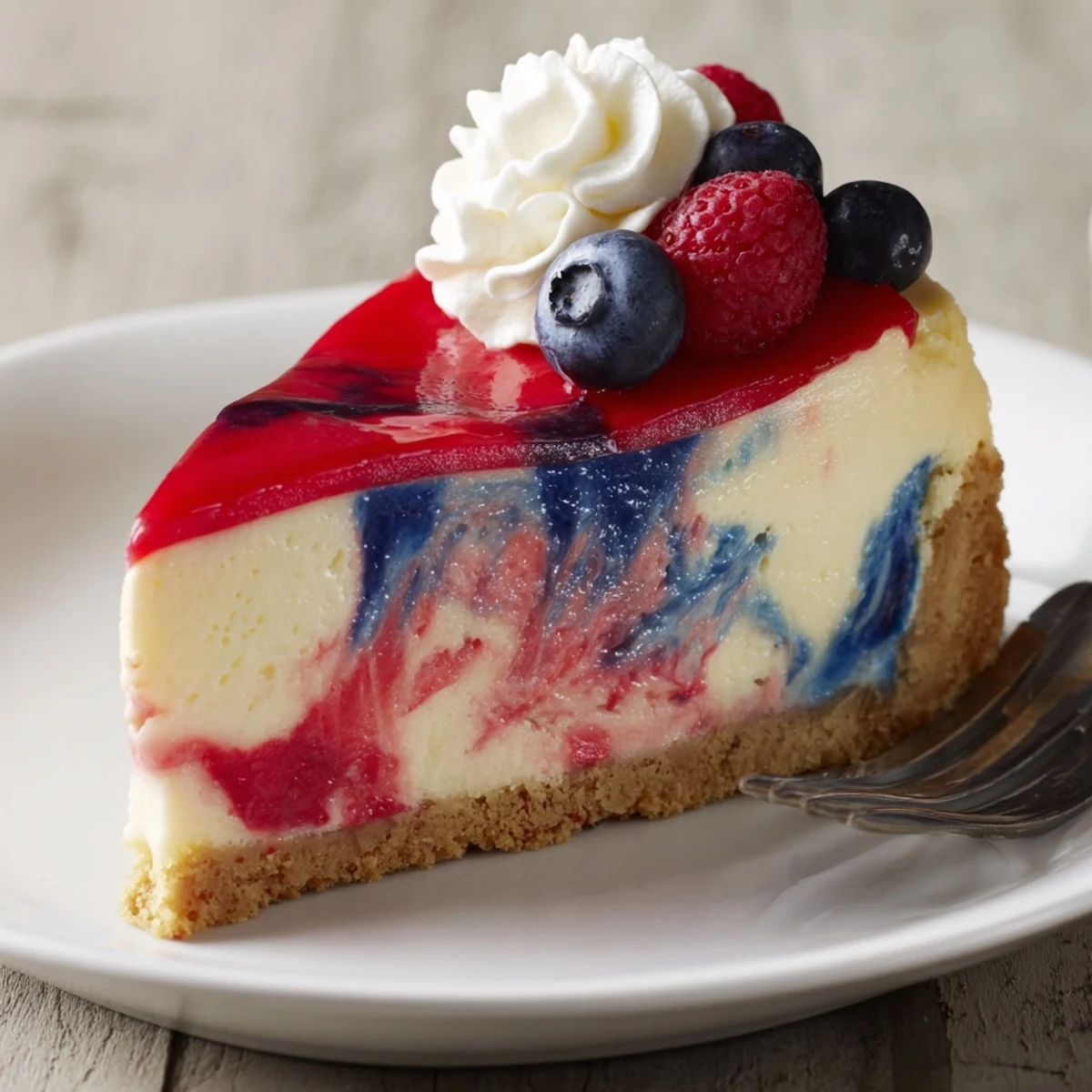 Patriotic Swirl Cheesecake with creamy marbled red and blue swirls, chilled
