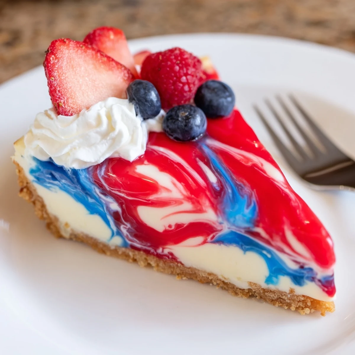 Sliced Patriotic Swirl Cheesecake on plate, topped with whipped cream
