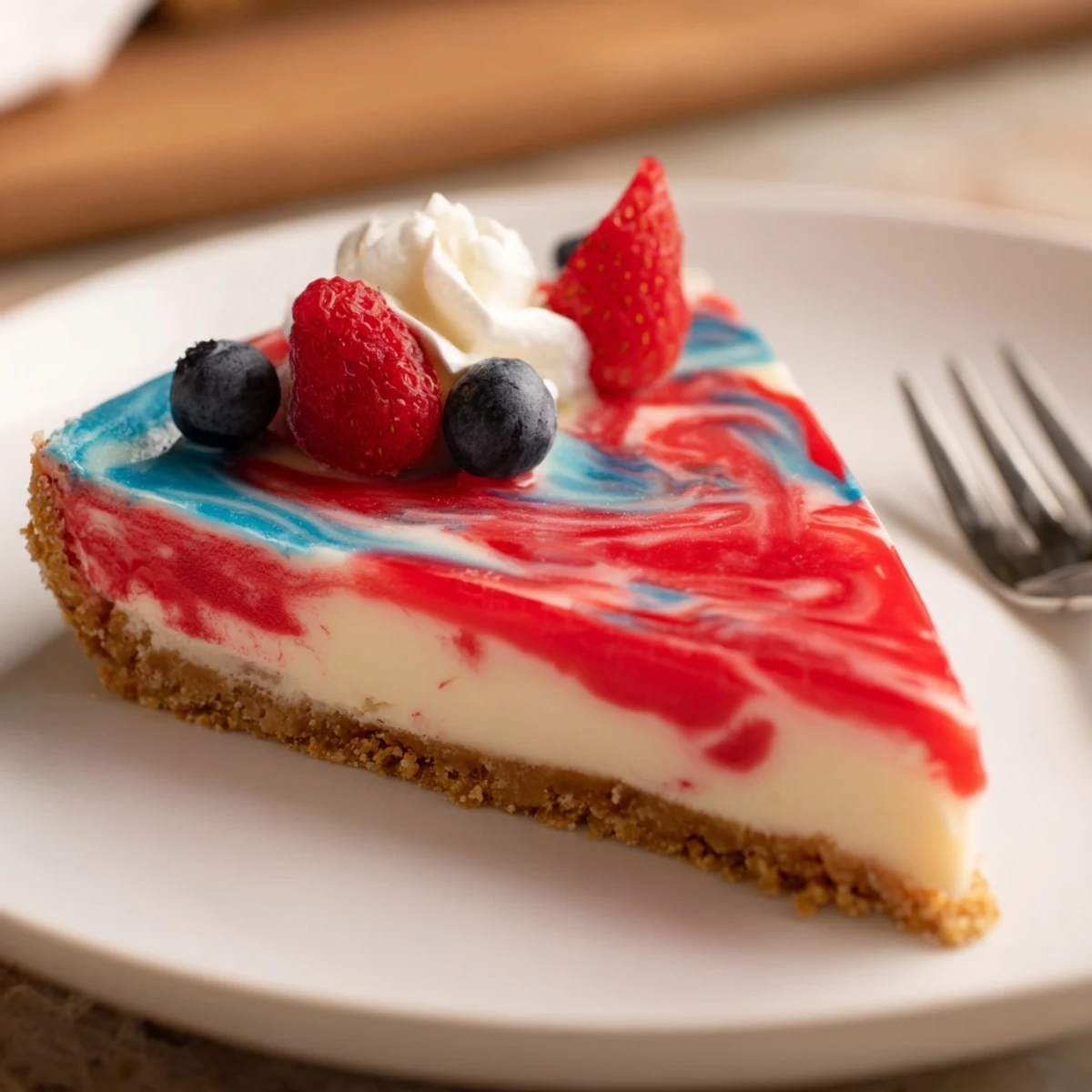 Fork ready Patriotic Swirl Cheesecake showing velvety texture, bright berry garnish