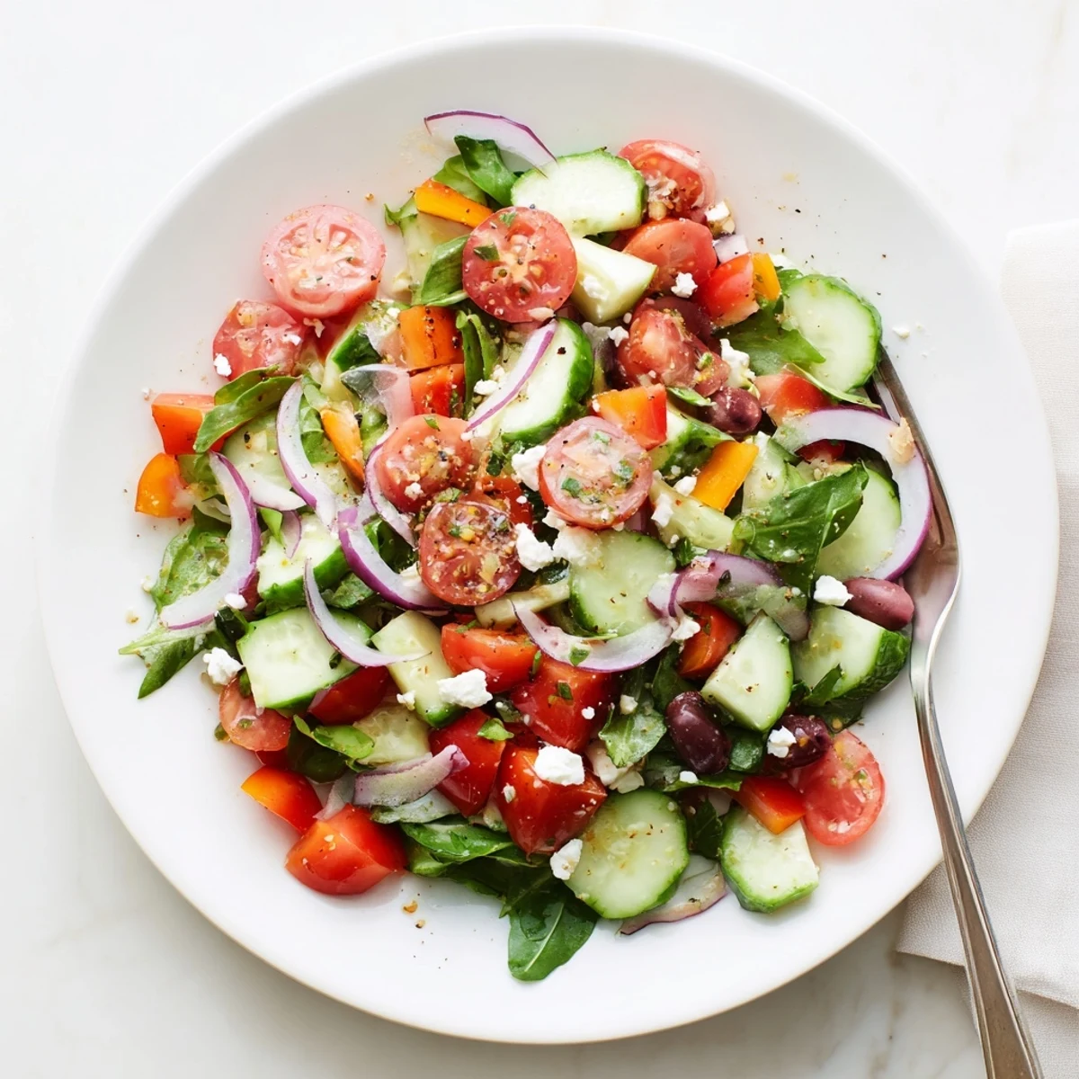Bowl of Fresh Salad Recipe tossed in olive oil, ready to serve.