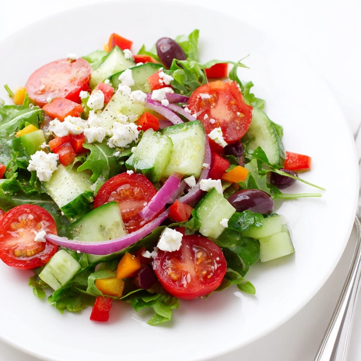 Bright Fresh Salad Recipe bursting with cherry tomatoes, crisp cucumbers, lemony dressing.