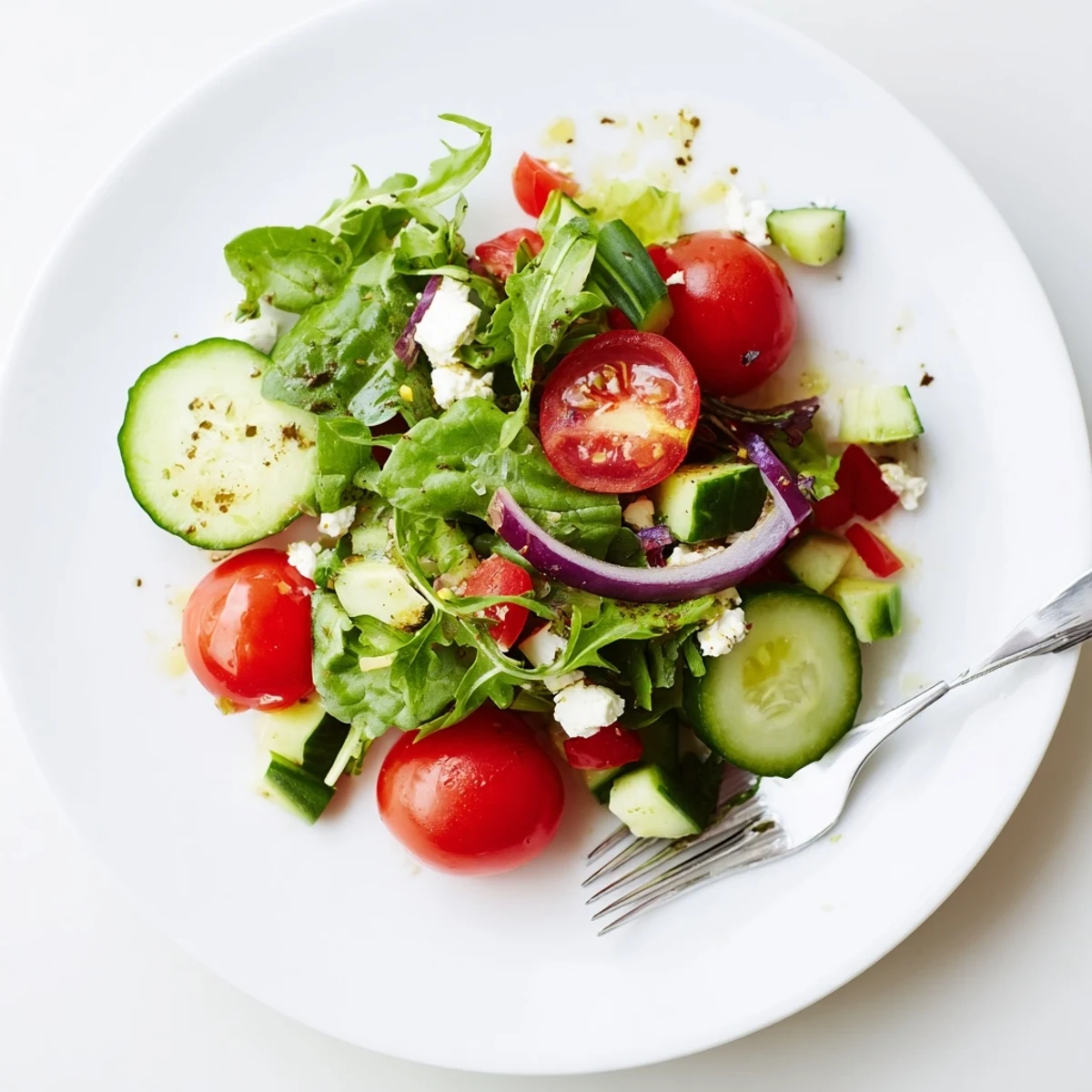 Fresh Salad Recipe layered with peppery arugula, tangy feta, crunchy bell pepper.