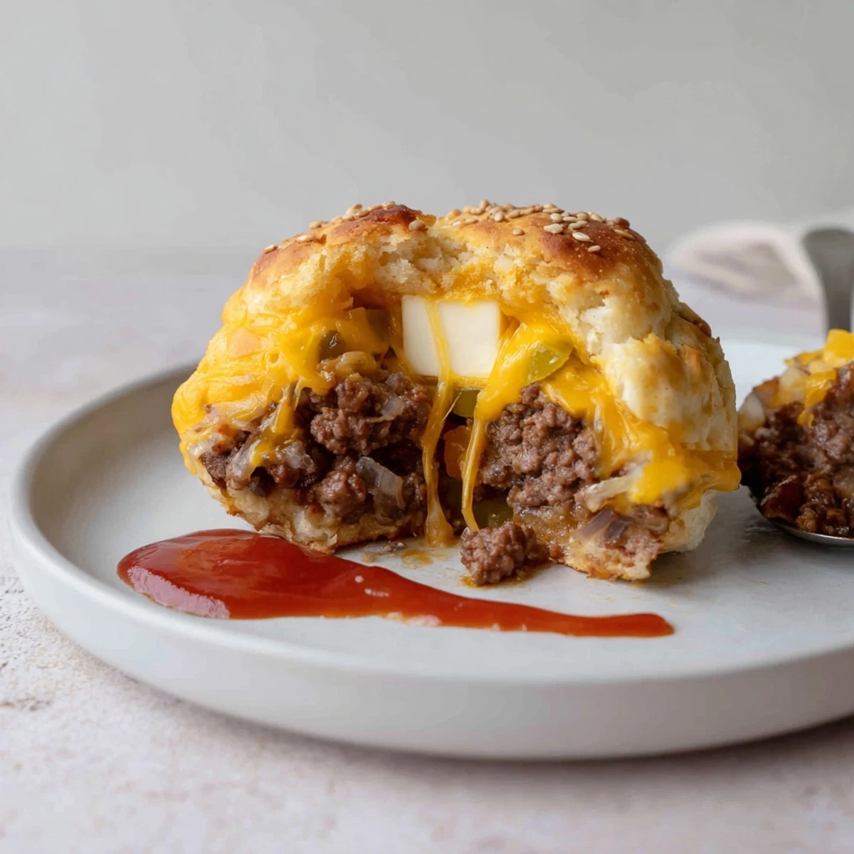 Golden biscuit wrapped Cheesy Cheeseburger Bombs Explosion Recipe oozing melted cheddar, topped with sesame
