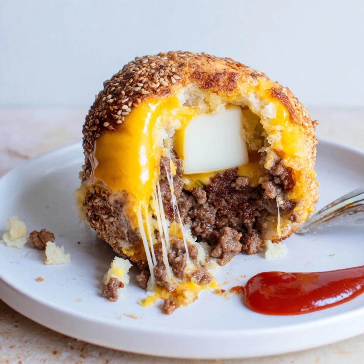 Plate of Cheesy Cheeseburger Bombs Explosion Recipe, steam rising, served with ketchup dip