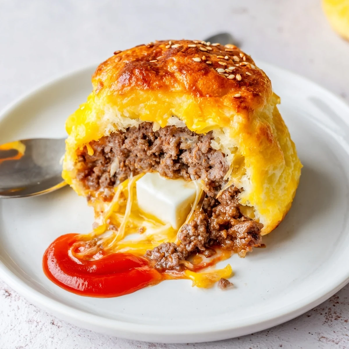 Cross section reveals gooey center in Cheesy Cheeseburger Bombs Explosion Recipe, browned edges