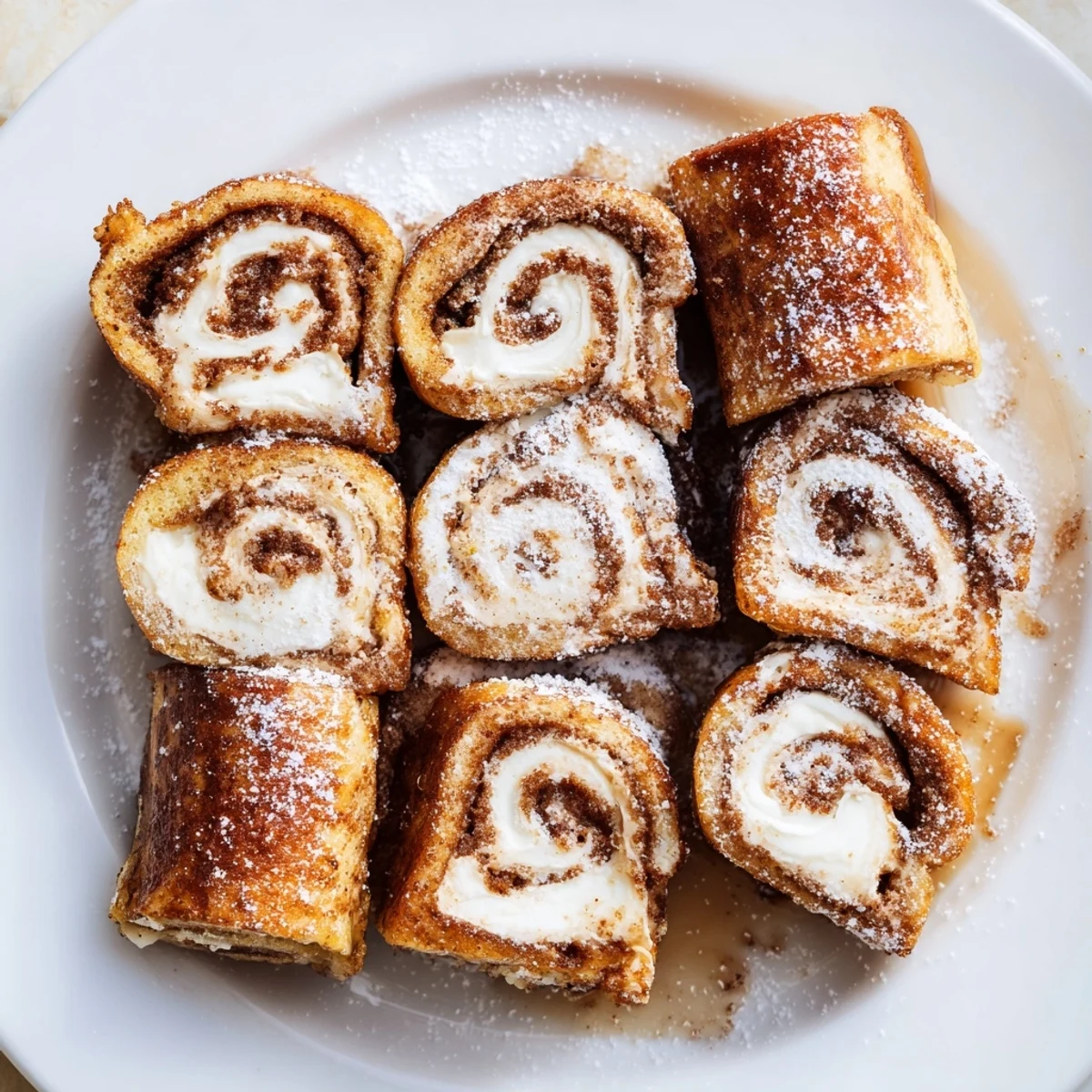 Warm Cinnamon Roll French Toast Roll Ups oozing cream cheese, sugared and skillet-fried