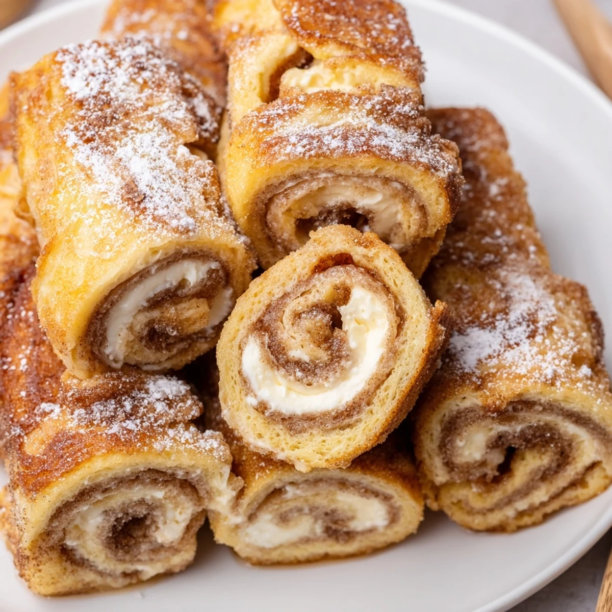 Cinnamon Roll French Toast Roll Ups brunch bites, buttery exterior sprinkled with powdered sugar