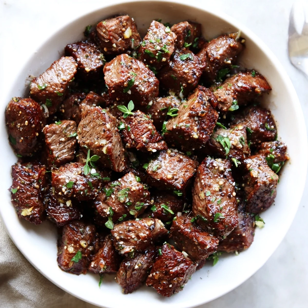 Garlic Butter Steak Bites sizzling in a cast-iron skillet, glossy garlic sauce