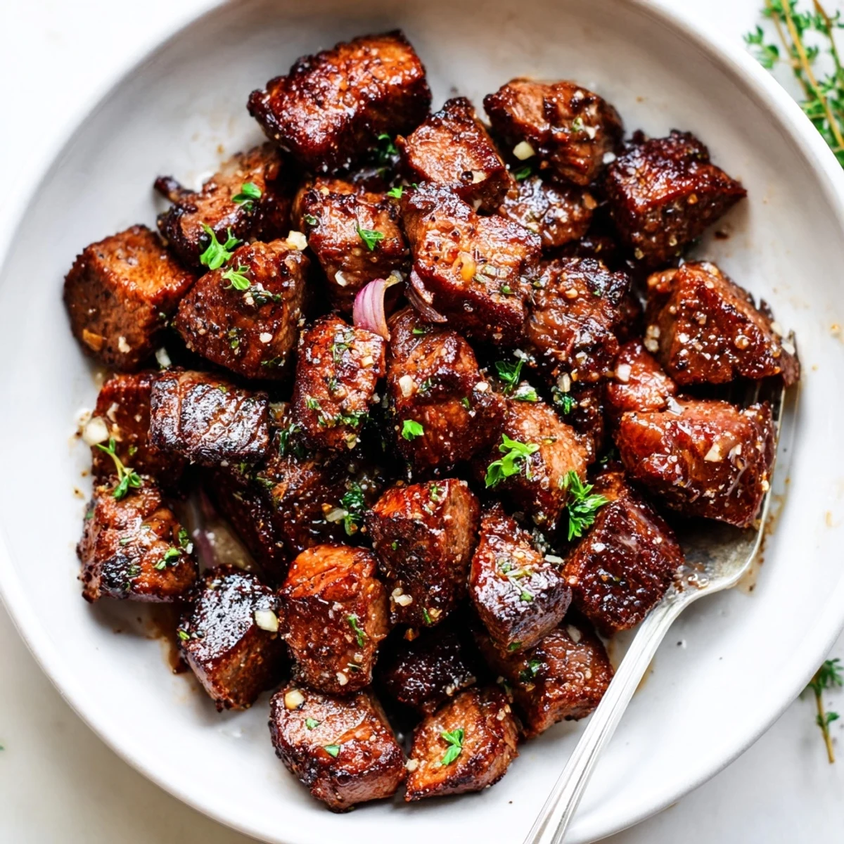 Pan-seared Garlic Butter Steak Bites piled on platter, sprinkled with parsley