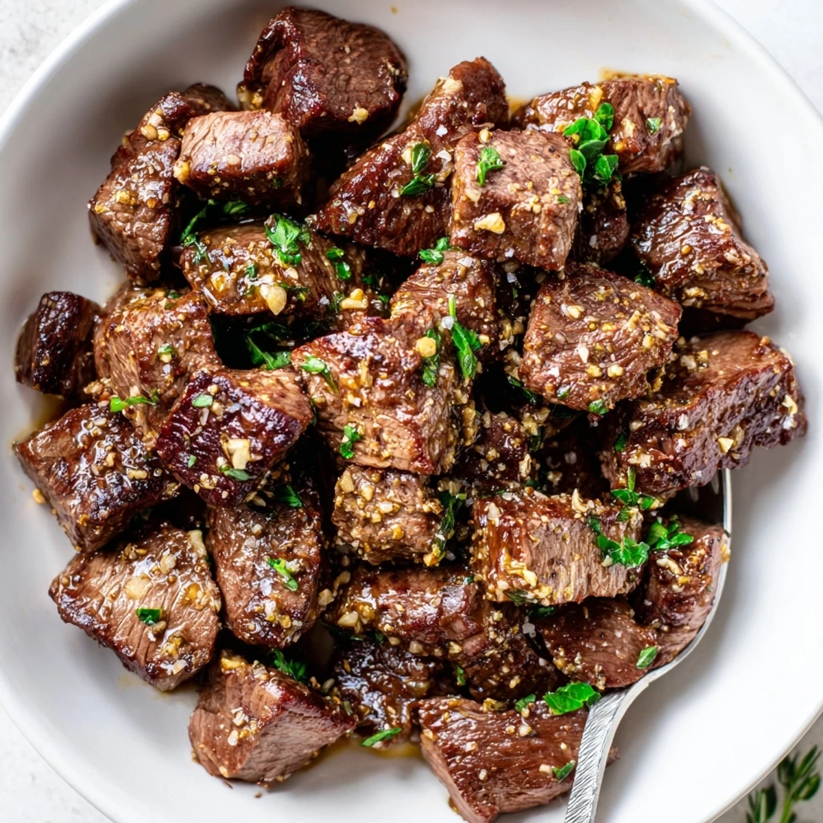 Garlic Butter Steak Bites tender, juicy cubes served with crusty bread for dipping