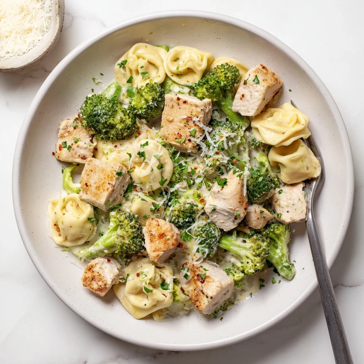 Creamy Garlic Parmesan Tortellini Chicken Broccoli Recipe steaming, garnished with parsley and cracked pepper.