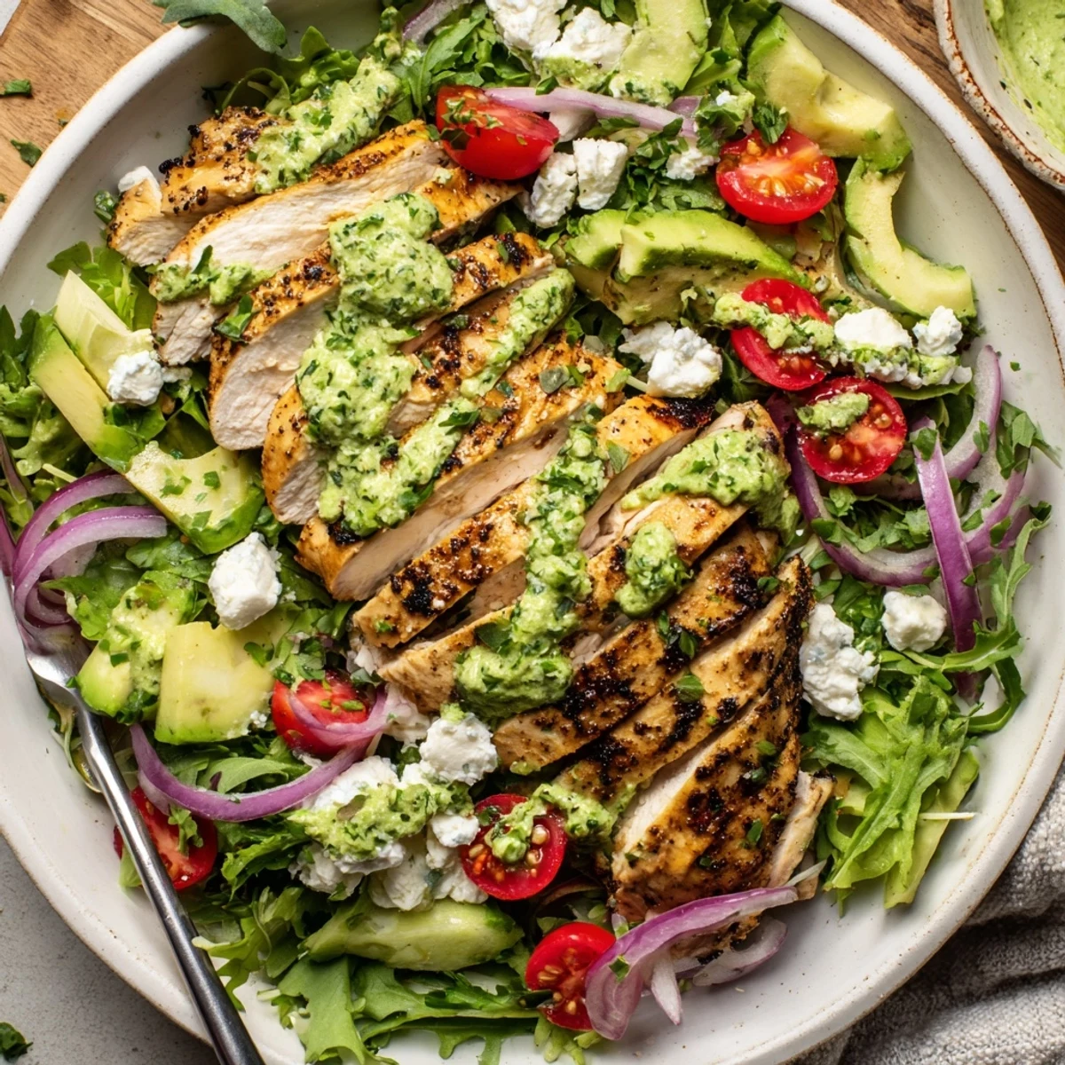 Grilled Chicken Salad Avocado Herb Dressing Recipe featuring smoky charred chicken and crisp vegetables