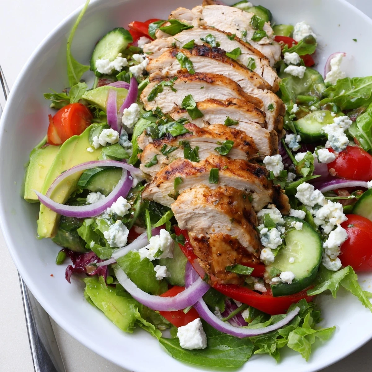 Creamy lime dressing drizzles over veggies in Grilled Chicken Salad Avocado Herb Dressing Recipe