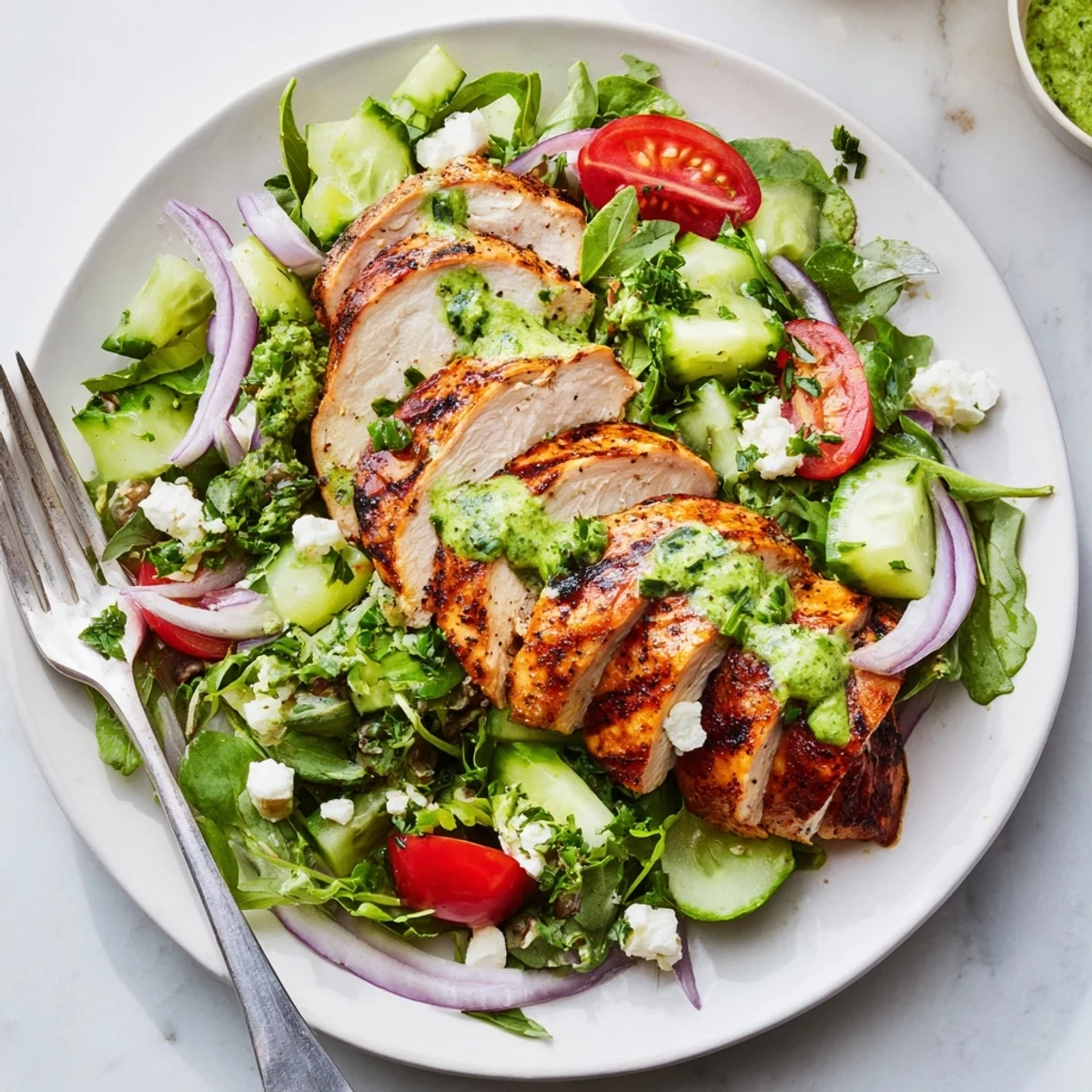 Bright summer bowl showcases Grilled Chicken Salad Avocado Herb Dressing Recipe with crisp tomatoes