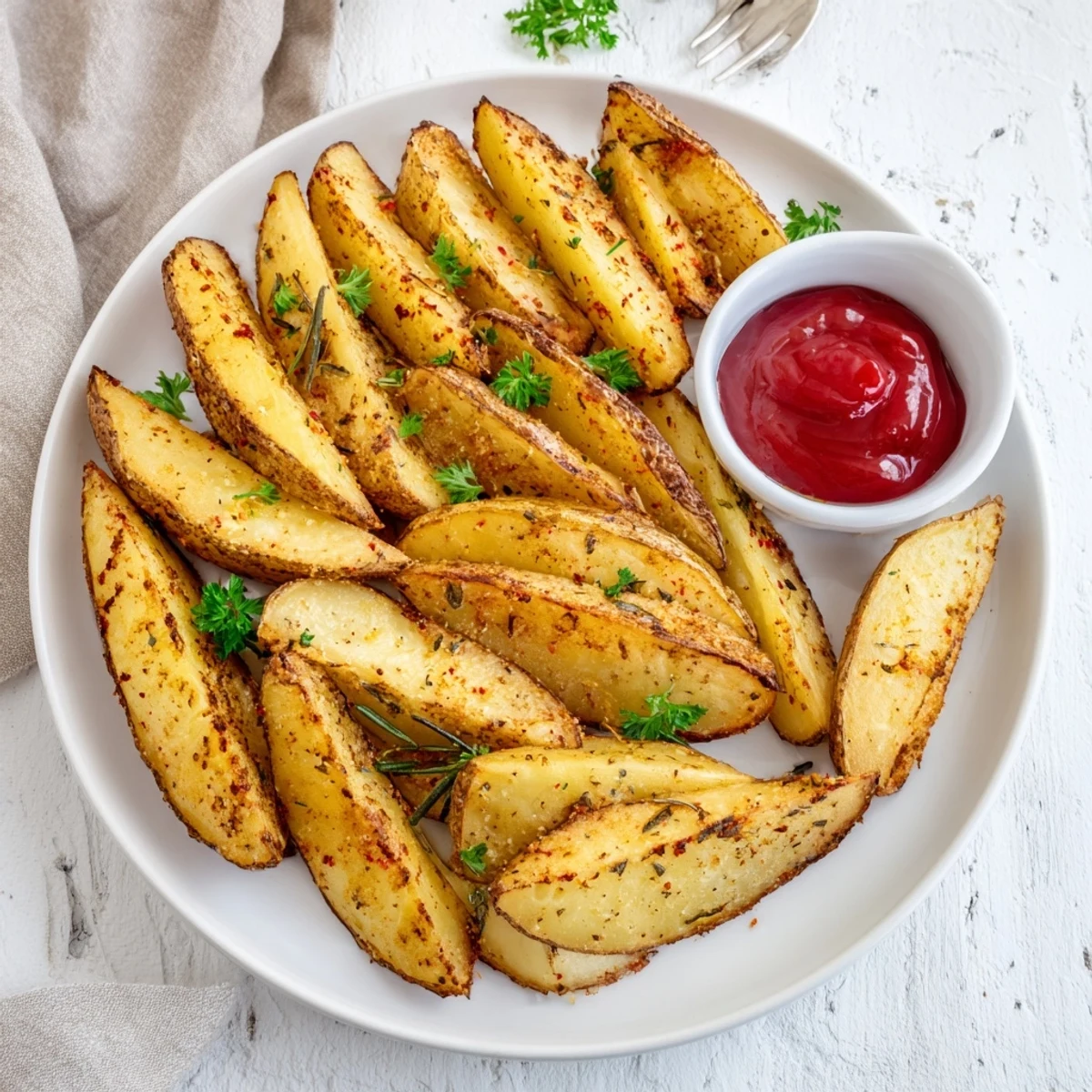 Oven-baked Potato Wedges with golden crispy edges, fluffy centers, sprinkled parsley