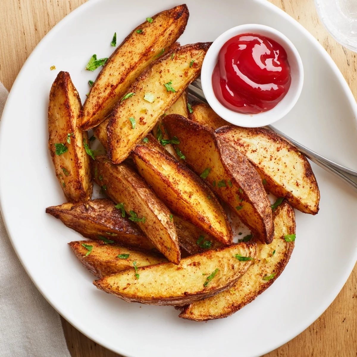 Crispy seasoned Potato Wedges served hot with ketchup, smoky paprika aroma