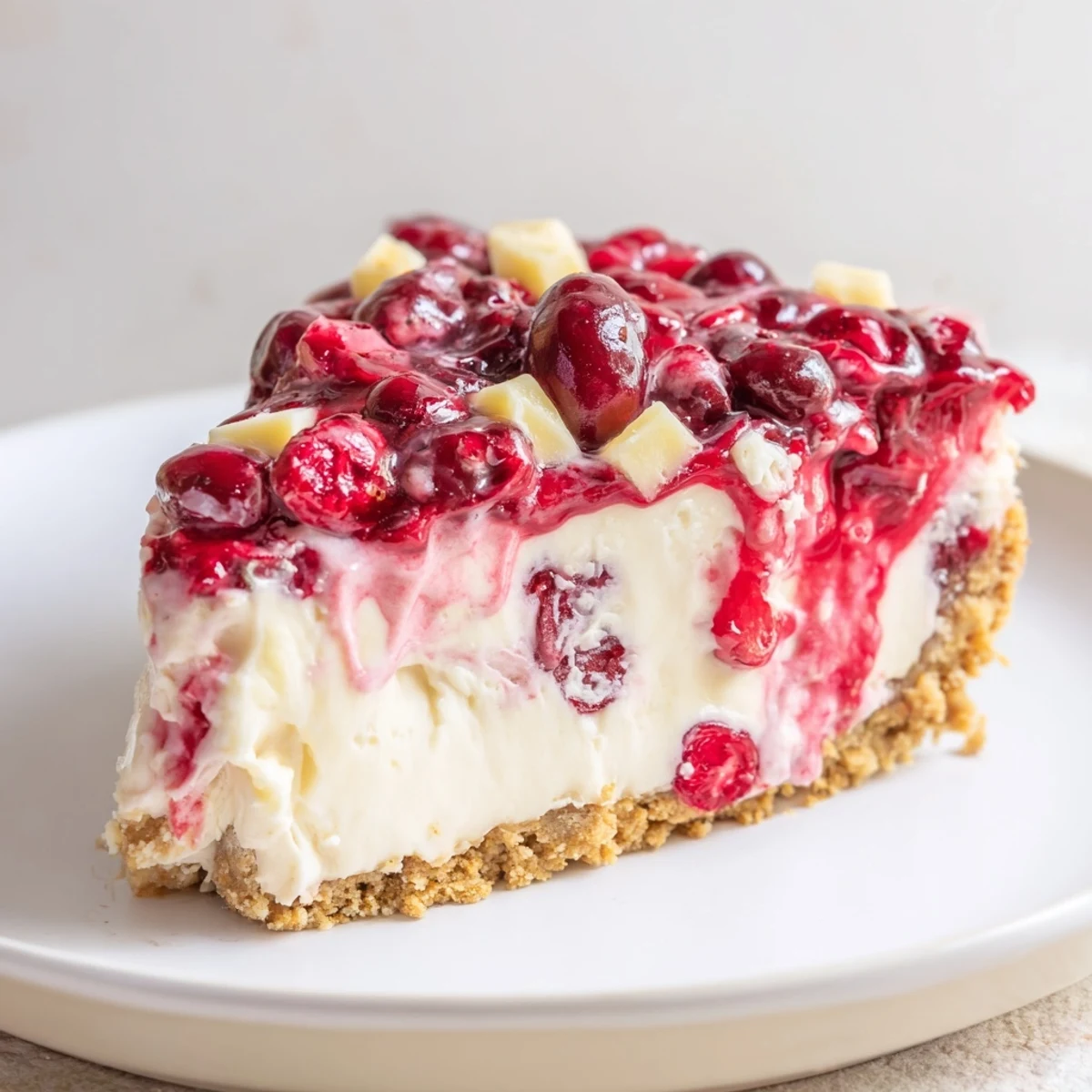 No Bake Cranberry White Chocolate Cheesecake topped with glossy cranberry compote, chilled